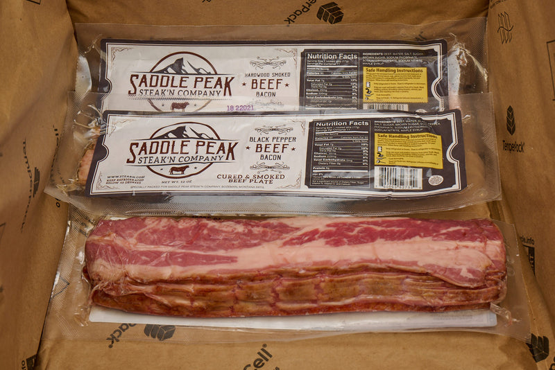 Beef Bacon - Mixed 3  -  12 oz packs - Hardwood Smoked 2PK Black Pepper 1PK
