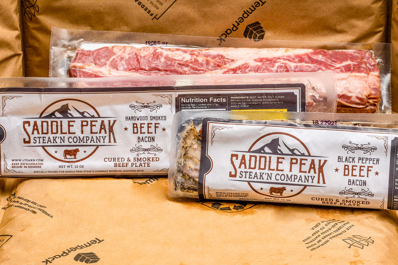Beef Bacon - Mixed 3  -  12 oz packs - Hardwood Smoked 2PK Black Pepper 1PK